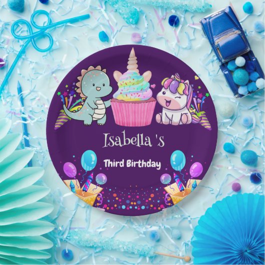 Niedlich Dinosaur Unicorn Regenbogen Ballon Geburt Pappteller (Party)