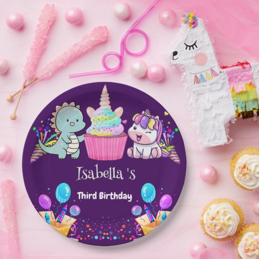 Niedlich Dinosaur Unicorn Regenbogen Ballon Geburt Pappteller (Party)