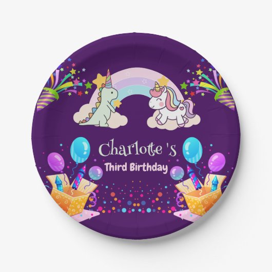 Niedlich Dinosaur Unicorn Regenbogen Ballon Geburt Pappteller (Vorderseite)