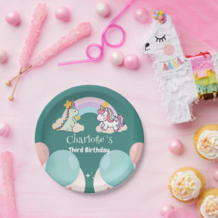 Niedlich Dinosaur Unicorn Regenbogen Ballon Geburt Pappteller