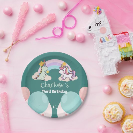 Niedlich Dinosaur Unicorn Regenbogen Ballon Geburt Pappteller (Party)