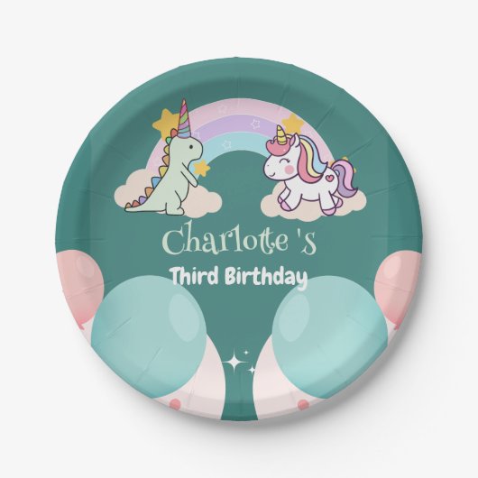 Niedlich Dinosaur Unicorn Regenbogen Ballon Geburt Pappteller (Vorderseite)