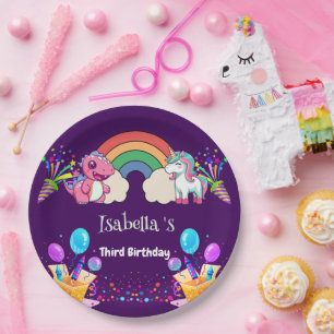 Niedlich Dinosaur Unicorn Regenbogen Ballon Geburt Pappteller