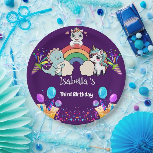 Niedlich Dinosaur Unicorn Regenbogen Ballon Geburt Pappteller (Party)