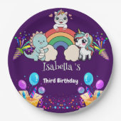Niedlich Dinosaur Unicorn Regenbogen Ballon Geburt Pappteller (Vorderseite)
