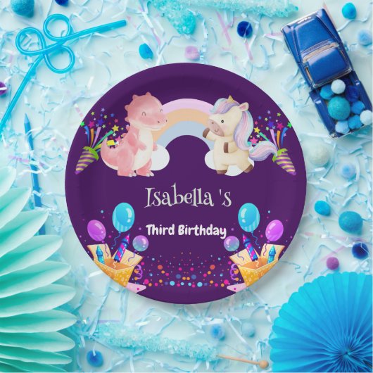 Niedlich Dinosaur Unicorn Regenbogen Ballon Geburt Pappteller (Party)