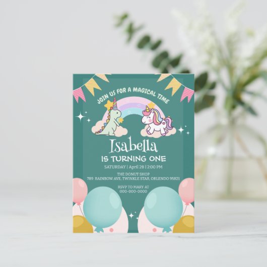 Niedlich Dinosaur Unicorn Regenbogen Ballon Geburt Postkarte (Stehend Vorderseite)