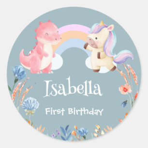 Niedlich Dinosaur Unicorn Regenbogen Ballon Geburt Runder Aufkleber