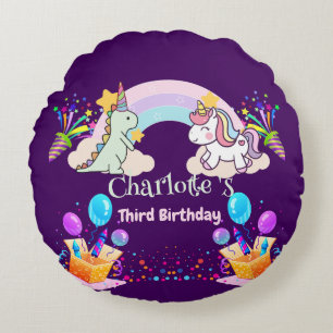 Niedlich Dinosaur Unicorn Regenbogen Ballon Geburt Rundes Kissen