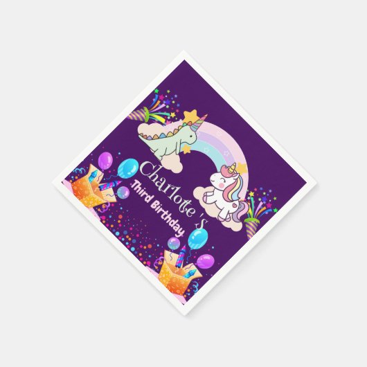 Niedlich Dinosaur Unicorn Regenbogen Ballon Geburt Serviette (Ecke)