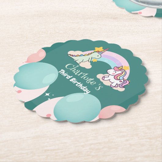 Niedlich Dinosaur Unicorn Regenbogen Ballon Geburt Untersetzer (angewinkelt)