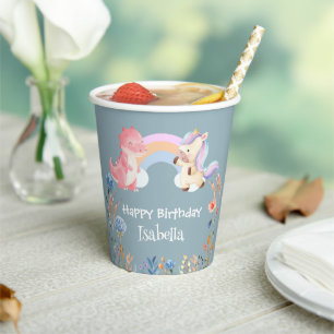 Niedlich Dinosaur Unicorn Regenbogen Blume Geburts Pappbecher