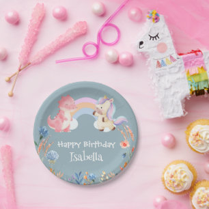 Niedlich Dinosaur Unicorn Regenbogen Blume Geburts Pappteller