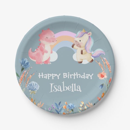 Niedlich Dinosaur Unicorn Regenbogen Blume Geburts Pappteller (Vorderseite)