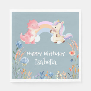 Niedlich Dinosaur Unicorn Regenbogen Blume Geburts Serviette