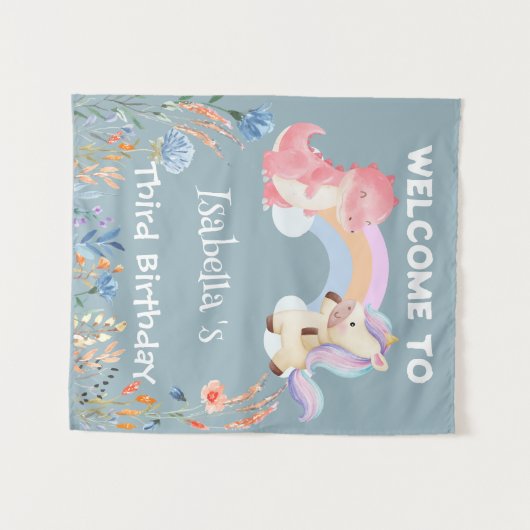 Niedlich Dinosaur Unicorn Regenbogen Blume Geburts Wandteppich (Vorderseite (Horizontal))