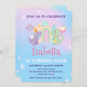 Niedlich Dinosaur Unicorn Regenbogenballon Geburts Einladung (Vorne/Hinten)