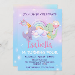 Niedlich Dinosaur Unicorn Regenbogenballon Geburts Einladung