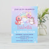 Niedlich Dinosaur Unicorn Regenbogenballon Geburts Einladung (Stehend Vorderseite)