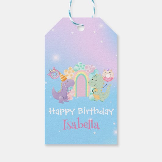 Niedlich Dinosaur Unicorn Regenbogenballon Geburts Geschenkanhänger (Rückseite)