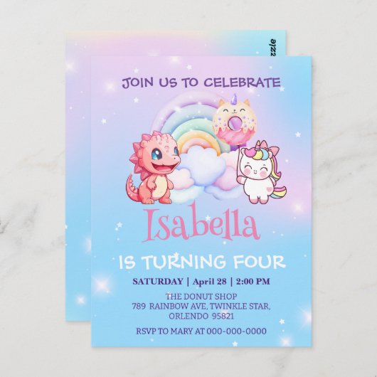 Niedlich Dinosaur Unicorn Regenbogenballon Geburts Postkarte (Vorne/Hinten)