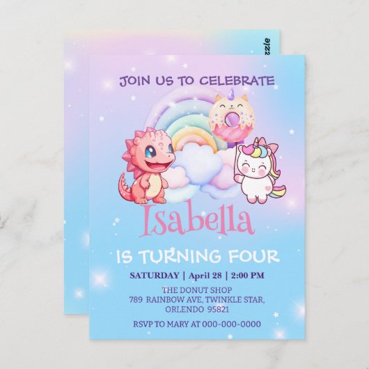 Niedlich Dinosaur Unicorn Regenbogenballon Geburts Postkarte (Vorne/Hinten)