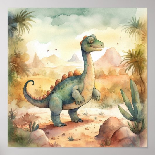 Niedlich Dinosaur Watercolor Storybook Illustratio Poster (Vorne)