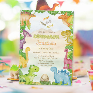 Niedlich Dinosaurier 1. Geburtstag Einladung