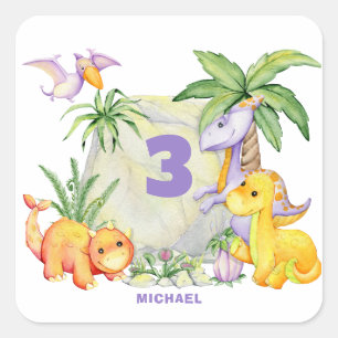 Niedlich Dinosaurier 3. Geburtstagsticker Quadratischer Aufkleber
