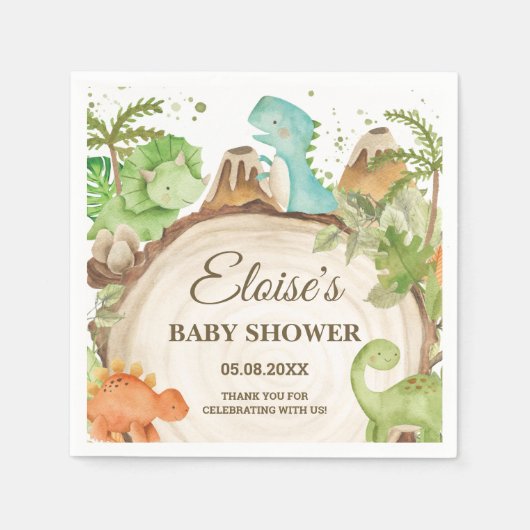 Niedlich Dinosaurier Boy Birthday Greenery Leaf T- Serviette (Vorderseite)