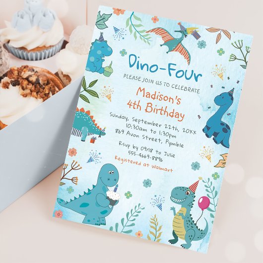 Niedlich Dinosaurier Dino 4. Geburtstag Party Einladung
