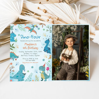 Niedlich Dinosaurier Dino 4. Geburtstag Party Foto Einladung