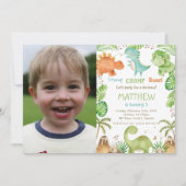Niedlich Dinosaurier Greenery Boy Birthday Foto Einladung (Vorderseite)