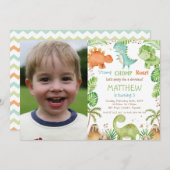 Niedlich Dinosaurier Greenery Boy Birthday Foto Einladung (Vorne/Hinten)