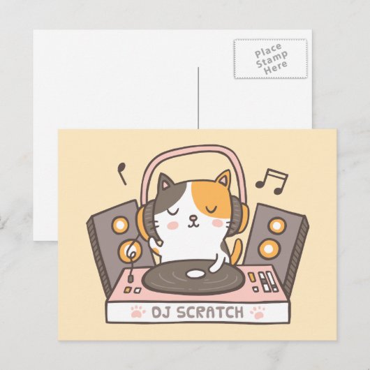 Niedlich DJ Scratch Kitty Cat Pub Postcard Postkarte (Vorne/Hinten)