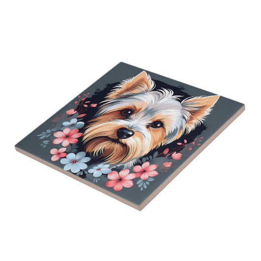 Niedlich Dog Yorkshire Terrier Blume Fliese (Seite)