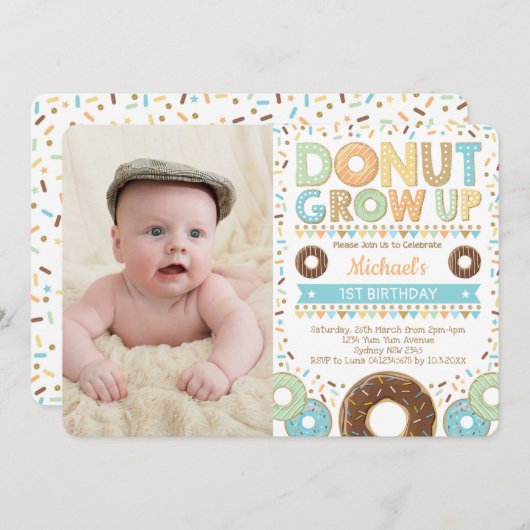 Niedlich Donut 1. Geburtstag Doughnut Sprinkles Bo Einladung (Vorne/Hinten)