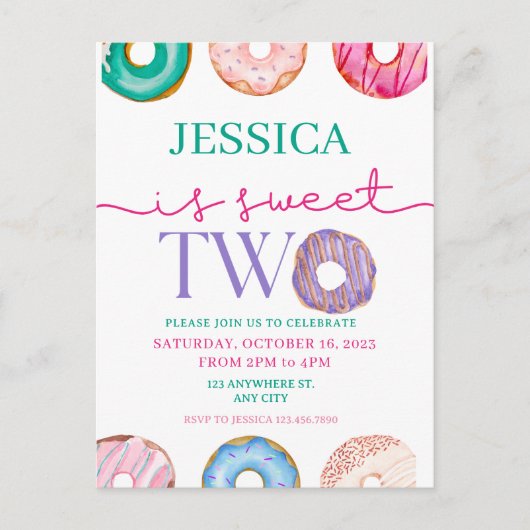 Niedlich Donut Party Sweet zwei 2. Geburtstag Postkarte (Vorderseite)