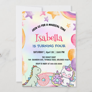 Niedlich Donuts Dino Unicorn Geburtstag Rainbow Pa Einladung