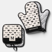 Niedlich Doodle Eyelash Muster Ofenhandschuh & Topflappen-Set (Vorderseite/Rückseite)