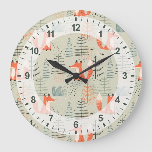 Niedlich Doodle Fox Forest Woodland Muster Große Wanduhr (Vorderseite)