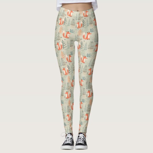 Niedlich Doodle Fox Forest Woodland Muster Leggings (Vorderseite)