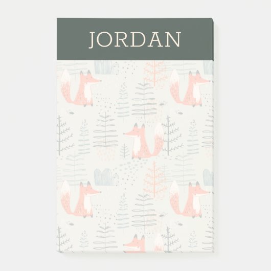 Niedlich Doodle Fox Forest Woodland Muster Post-it Klebezettel (Vorderseite)