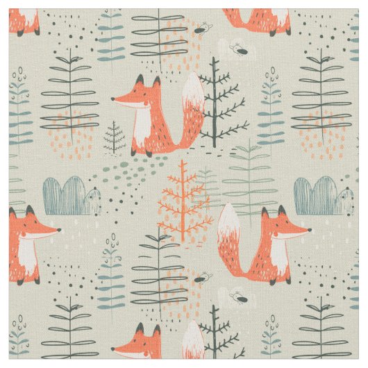 Niedlich Doodle Fox Forest Woodland Muster Stoff (Nahaufnahme)