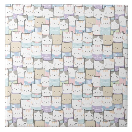 Niedlich Doodle Kitten Faces Pattern Fliese (Vorderseite)