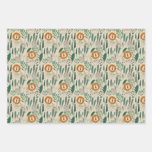 Niedlich Doodle Lion Jungle Regenwaldmuster Geschenkpapier Set (Vorderseite)
