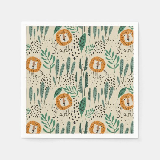 Niedlich Doodle Lion Jungle Regenwaldmuster Serviette (Vorderseite)