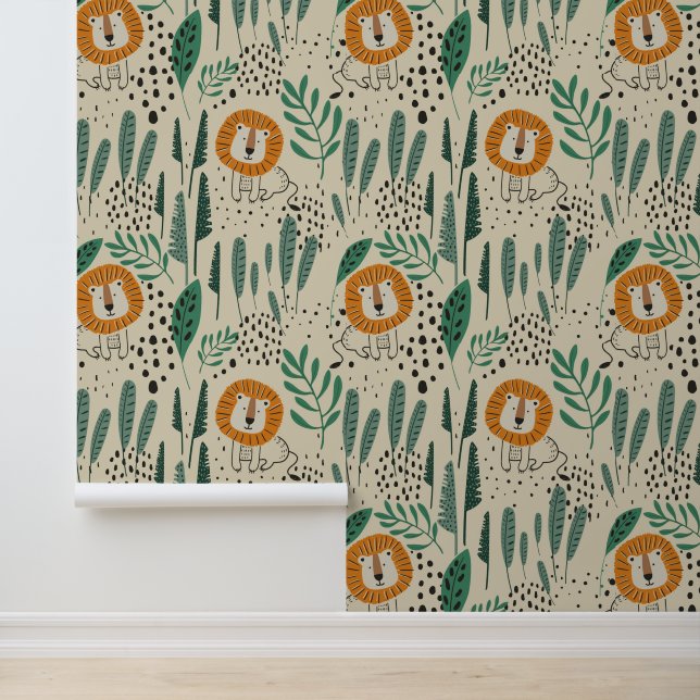 Niedlich Doodle Lion Jungle Regenwaldmuster Tapete (Anwendung)