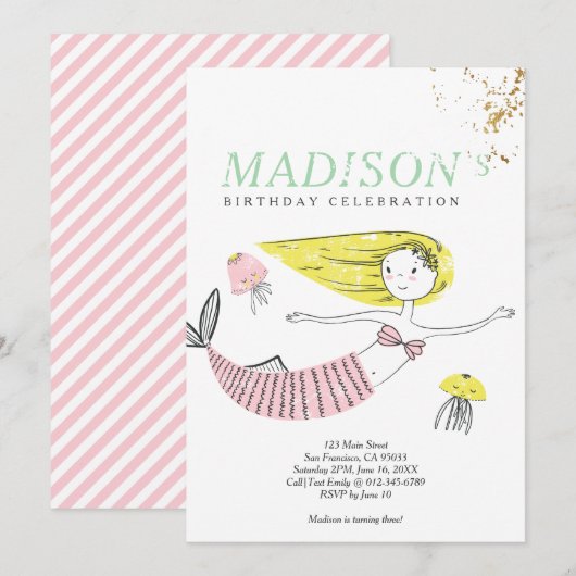 Niedlich Doodle Mermaid Imitate Gold Geburtstag Ei Einladung (Vorne/Hinten)