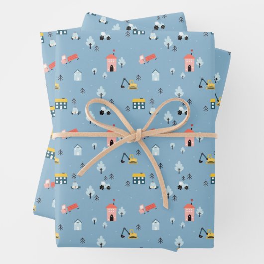 Niedlich Doodle Town Scene Muster Geschenkpapier Set (Beispiel)